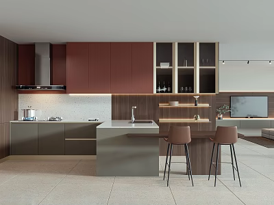 Modern Open Kitchen Interior With Dark Red Cabinets Island Counter And Bar Stools 3d model