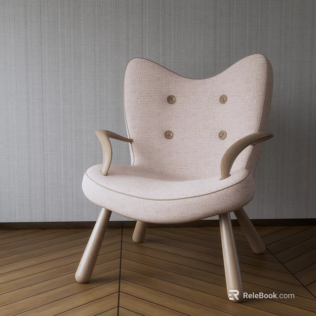 Beige Linen Accent Chair With Button Tufted Back And Wooden Legs Modern Living Room Interior 3d model 