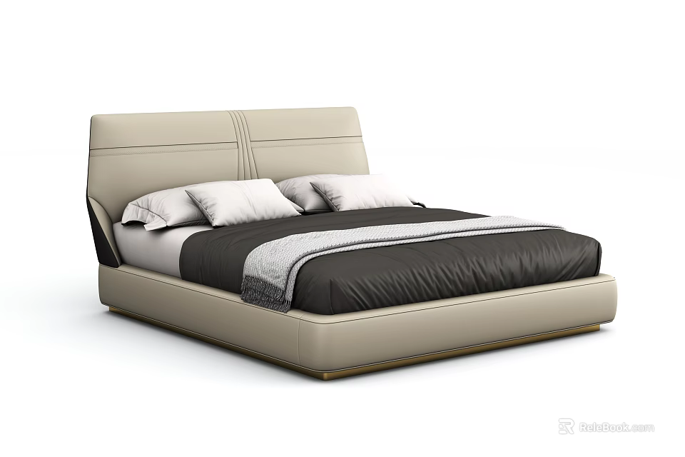 Modern Double Bed with Upholstered Headboard Stitching Detail White Pillows and Dark Bedding 3d model 