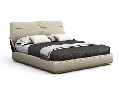 Modern Double Bed with Upholstered Headboard Stitching Detail White Pillows and Dark Bedding 3d model