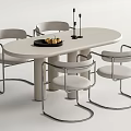 Modern Oval White Dining Table Set With Metal Frame Chairs Tray Fruits And Candle Holders