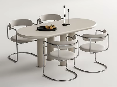 Modern Oval White Dining Table Set With Metal Frame Chairs Tray Fruits And Candle Holders 3d model
