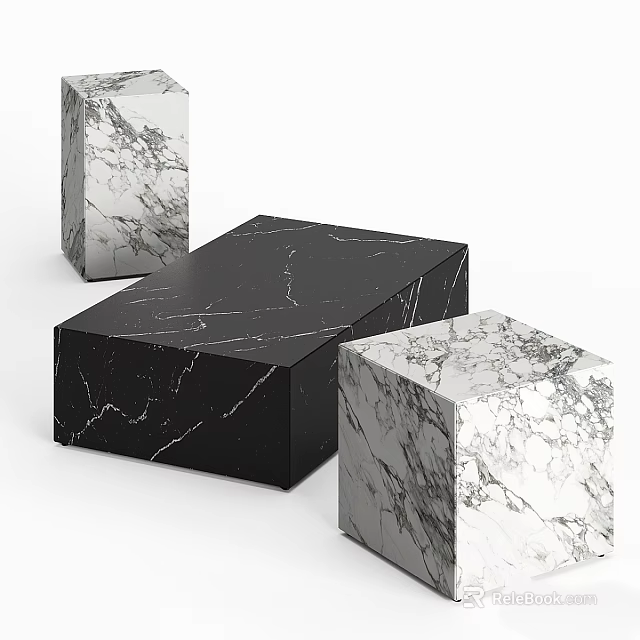 Functional Desk With Black Marble Tabletop And White Marble Cube Decorative Structures 3d model 