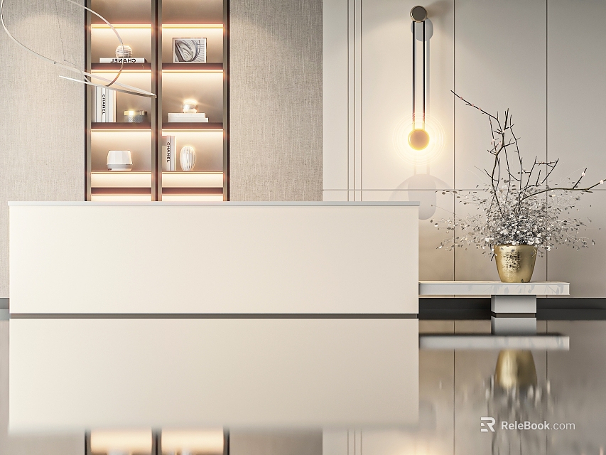 Modern Reception Desk Interior with Lighted Shelf Golden Vase and Branches Decoration 3d model 