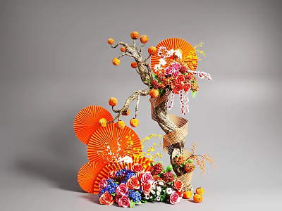 Artistic Floral Installation Design With Orange Fan Decorations Colorful Flowers And Fruit Ornaments 3d model