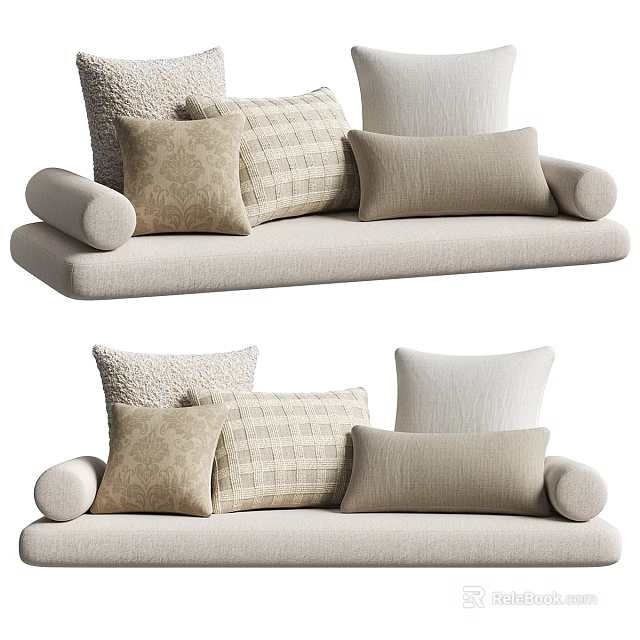 Cozy Beige Multi Seater Sofa With Plaid And Solid Color Pillows Soft Fabric Upholstery 3d model 