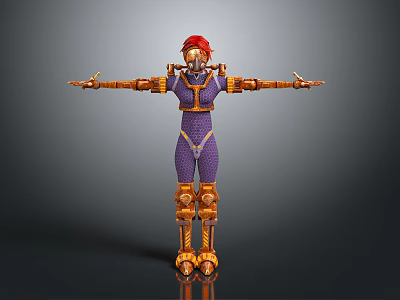 Robot Character With Red Head Purple Outfit And Orange Mechanical Parts Standing With Arms Outstretched 3d model