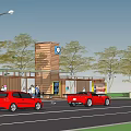 Wooden Bus Station With Clock Tower Waiting Benches Billboards Trees And Pedestrians Around