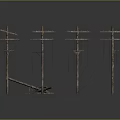Multiple Weathered Wooden Utility Poles With Cross Arms And Hanging Wires