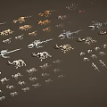 Various Dinosaur Skeleton Fossils of Different Types Displayed on Dark Background