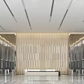 Modern Lobby Reception Desk With Wooden Slat Walls And Polished Marble Floor