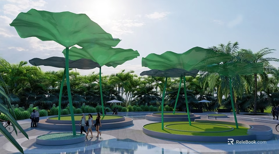 Green Lotus Leaf Shaped Landscape Sculpture In Park With People Walking Greenery And Pool 3d model 