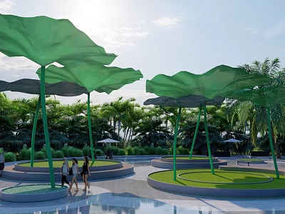 Green Lotus Leaf Shaped Landscape Sculpture In Park With People Walking Greenery And Pool 3d model