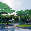 Green Lotus Leaf Shaped Landscape Sculpture In Park With People Walking Greenery And Pool