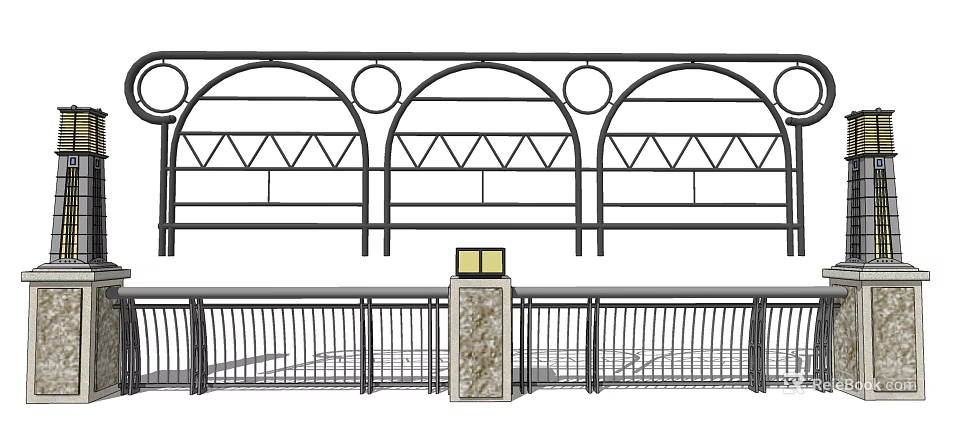 Stylish Metal Fence Design With Arched Structure Geometric Patterns And Stone Pillar 3d model 
