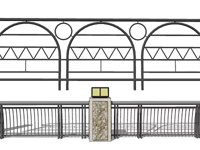 Stylish Metal Fence Design With Arched Structure Geometric Patterns And Stone Pillar 3d model