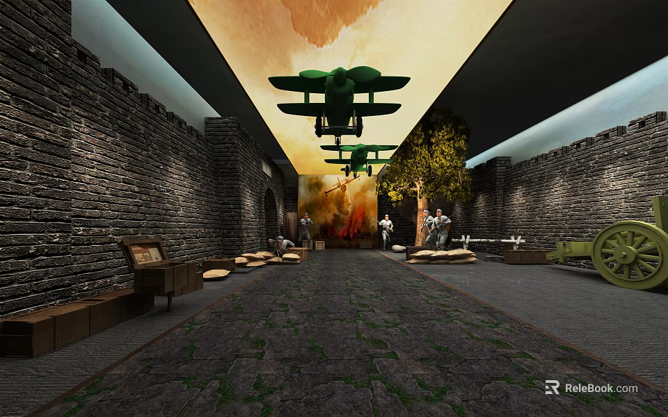 Vintage Cultural Center Interior With Brick Walls Hanging Airplane Models And Historical Exhibition 3d model 