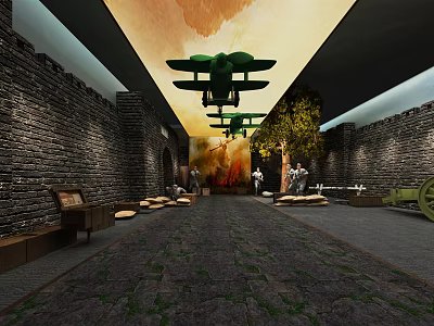 Vintage Cultural Center Interior With Brick Walls Hanging Airplane Models And Historical Exhibition 3d model