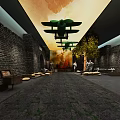 Vintage Cultural Center Interior With Brick Walls Hanging Airplane Models And Historical Exhibition