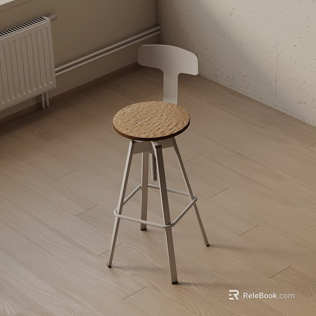 Modern Bar Stool With White Backrest Brown Cork Seat Metal Frame On Wooden Floor Indoor 3d model 
