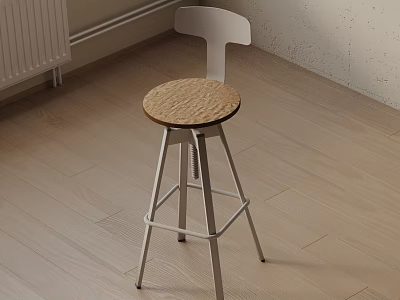 Modern Bar Stool With White Backrest Brown Cork Seat Metal Frame On Wooden Floor Indoor 3d model