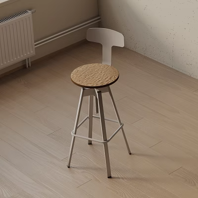 Modern Bar Stool With White Backrest Brown Cork Seat Metal Frame On Wooden Floor Indoor 3d model