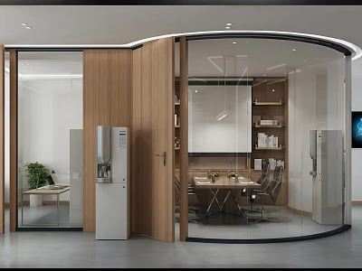 Modern Office Interior Design With Curved Glass Partition Wooden Elements And Meeting Table 3d model