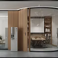 Modern Office Interior Design With Curved Glass Partition Wooden Elements And Meeting Table