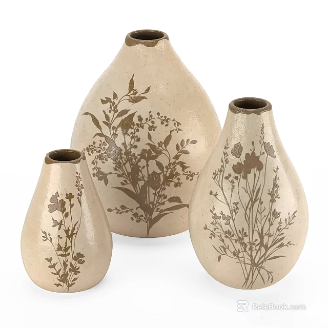 Three Beige Decorative Vases With Brown Floral Leaf Patterns Ornament Set 3d model 