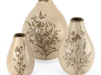 Three Beige Decorative Vases With Brown Floral Leaf Patterns Ornament Set 3d model
