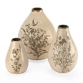 Three Beige Decorative Vases With Brown Floral Leaf Patterns Ornament Set
