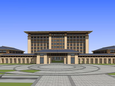 Grand Modern Classical Office Building With Beige Exterior And Circular Plaza 3d model