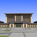 Grand Modern Classical Office Building With Beige Exterior And Circular Plaza