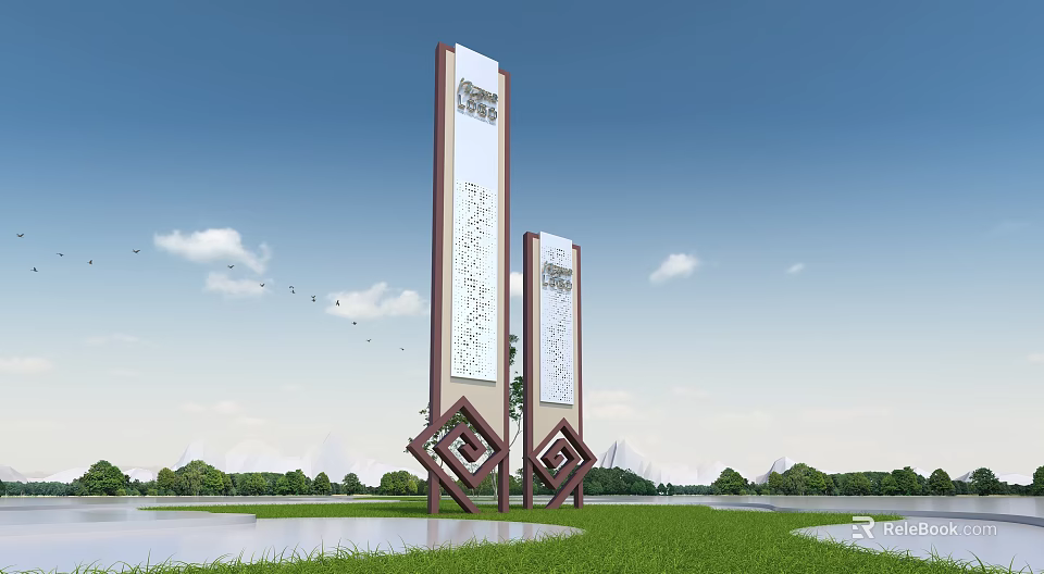 Modern Outdoor Billboards With Decorative Bases Standing On Green Grassland Under Blue Sky 3d model 