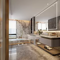 Luxurious Bathroom With White Flowers Marble Countertop Double Sinks Golden Faucets And Towel Rack