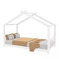 White House Shaped Kids Bed With Yellow Patterned Pillows And Blanket
