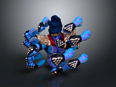 Mythical Blue Armored Creature With Multiple Glowing Arms And Gold Accents 3d model