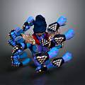 Mythical Blue Armored Creature With Multiple Glowing Arms And Gold Accents