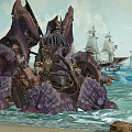 Game Movie Character Octopus Like Sea Monster On Shell Throne With Palm Trees And Ships