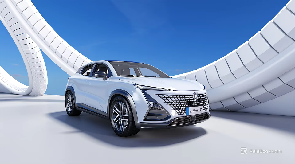 White SUV Car With Modern Design Parked By White Curved Buildings Under Blue Sky 3d model 