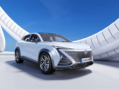 White SUV Car With Modern Design Parked By White Curved Buildings Under Blue Sky 3d model
