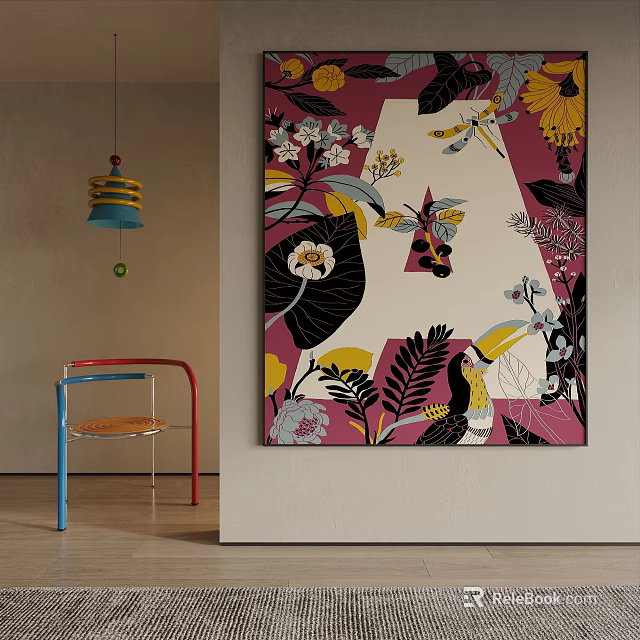 Scenic Wall Painting With Floral Birds In Interior Space With Chair And Lamp 3d model 