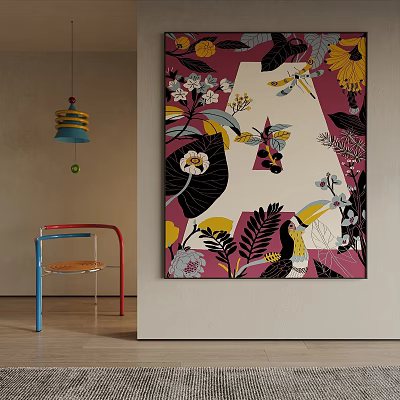 Scenic Wall Painting With Floral Birds In Interior Space With Chair And Lamp 3d model