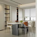 Modern Restaurant Interior With Round Dining Table Colorful Chairs Window Blinds And Green Plants