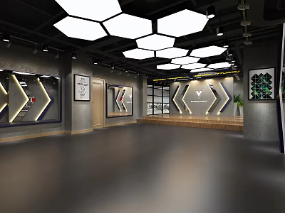 Modern Fitness Gym Interior Design With Hexagonal Lights And Branded Wall 3d model