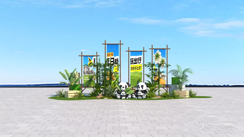 Outdoor Photo Check in Spot With Two Panda Dolls Vertical Billboards And Green Plants 3d model 