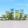 Outdoor Photo Check in Spot With Two Panda Dolls Vertical Billboards And Green Plants