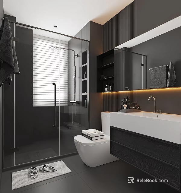 Modern Bathroom Interior Design With Glass Shower Enclosure Blinds Black Cabinets And White Vanity 3d model 