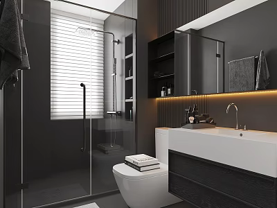 Modern Bathroom Interior Design With Glass Shower Enclosure Blinds Black Cabinets And White Vanity 3d model