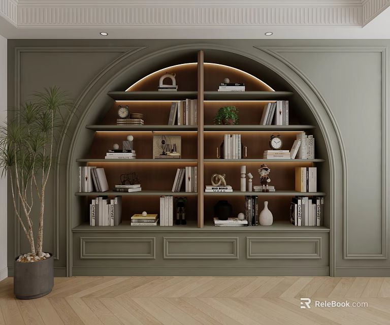 Green Built in Arched Bookcase With Books Decor Plants And Wooden Floor 3d model 